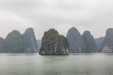 Halong Bay, Vietnam. UNESCO Dünya Mirası. Geleneksel turist tekneleri.