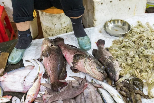 在猫巴岛的街头供应商 越南传统的鱼市场的人在人行道上销售新鲜的鱼 — 图库照片