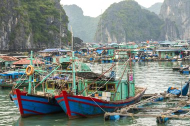 Balıkçı köyü ve balıkçı tekneleri kedi Ba Adası, Vietnam, Güneydoğu Asya'da yüzer. UNESCO Dünya Miras Listesi.