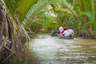 Benim Tho, Vietnam - 24 Kasım 2018: Mekong Nehri Deltası orman cruise ile tanımlanamayan craftman ve balıkçı kürekli tekneler çamurlu lotus alanı Mekong Deltası'nda sel.