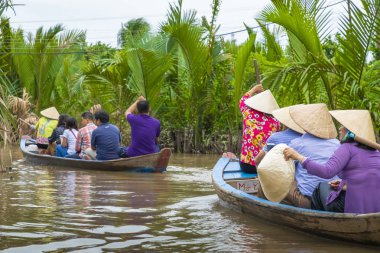 Benim Tho, Vietnam - 24 Kasım 2018: Mekong Nehri Deltası orman cruise ile tanımlanamayan craftman ve balıkçı kürekli tekneler çamurlu lotus alanı Mekong Deltası'nda sel.