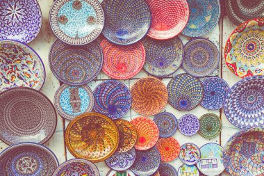 Pazarda Tunus, Sidi Bou Said, Tunus geleneksel Hediyelik eşya. 