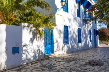 Cityscape tipik beyaz mavi renkli evler tatil beldesi Sidi Bou Said ile. Tunus, Kuzey Afrika.