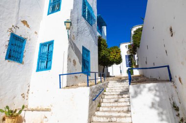 Cityscape tipik beyaz mavi renkli evler tatil beldesi Sidi Bou Said ile. Tunus, Kuzey Afrika.