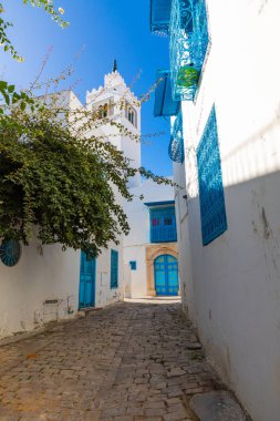 Cityscape tipik beyaz mavi renkli evler tatil beldesi Sidi Bou Said ile. Tunus, Kuzey Afrika.