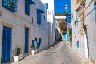 Cityscape tipik beyaz mavi renkli evler tatil beldesi Sidi Bou Said ile. Tunus, Kuzey Afrika.
