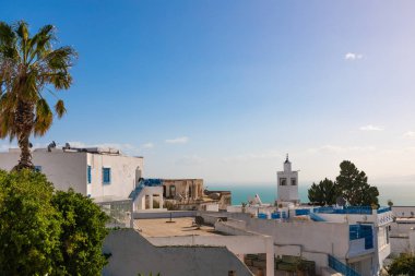 Panoramik manzara tatil beldesi Sidi Bou Said. Tunus, Kuzey Afrika.