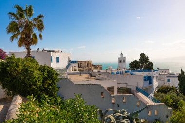 Panoramik manzara tatil beldesi Sidi Bou Said. Tunus, Kuzey Afrika.