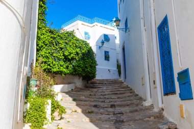 Cityscape tipik beyaz mavi renkli evler tatil beldesi Sidi Bou Said ile. Tunus, Kuzey Afrika.