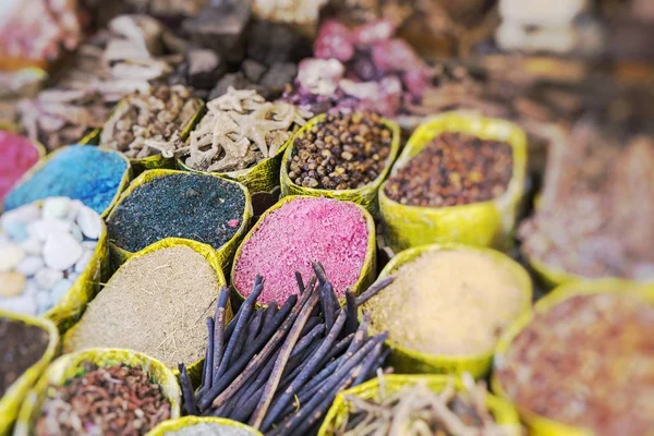 Bazar Especiarias Tradicionais Com Ervas Especiarias Egito Foco Seletivo — Fotografia de Stock