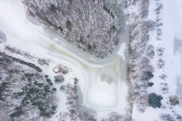凍った湖の空撮 冬の風景です 冬のワンダーランドの上ドローンで撮影した風景写真 ポーランド — ストック写真