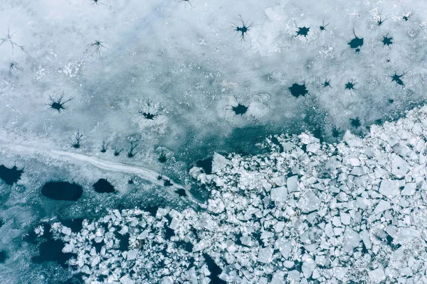 Ledovcové Laguně Kry Výše Letecký Pohled Krakované Ledu Pohledu Drony — Stock fotografie