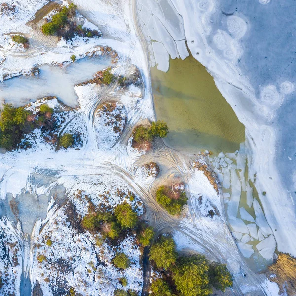 Вид Повітря Замерзле Озеро Зимові Пейзажі Ландшафтна Фотографія Знята Безпілотником — стокове фото