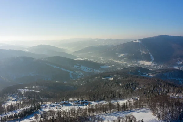 Zimní Krajina Horách Slezské Beskydy Pohled Rownicu Ustroni Pohled Shora — Stock fotografie