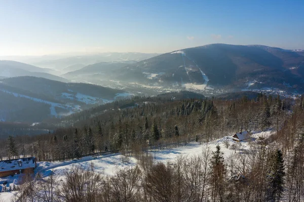 Winter Scenery Silesian Beskids Mountains View Rownica Ustron View Landscape — Stock Photo, Image