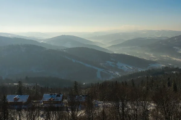 Paisagem Inverno Nas Montanhas Silesianas Beskids Vista Rownica Ustron Vista — Fotografia de Stock