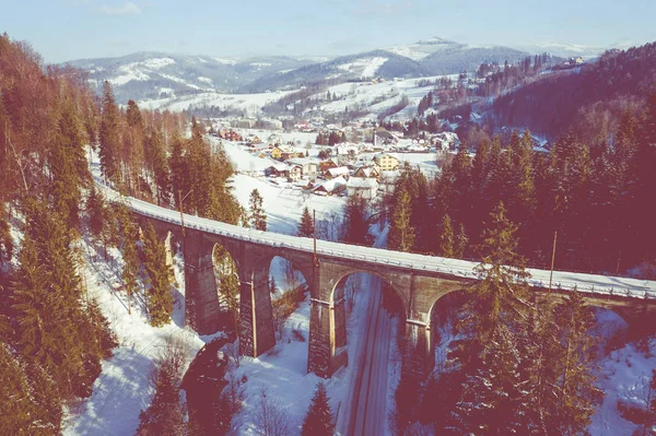 Winter Scenery Silesian Beskids Mountains Railwai Viaduct Wisla Glebce Aerial — Stock Photo, Image