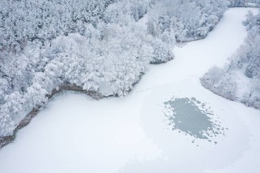 Hoarfrost ve kar güzel peyzaj ağaçları ile kaplı kış hava görünümünü. Kış manzarası yukarıdan. Drone ile yakalanan Peyzaj fotoğraf.
