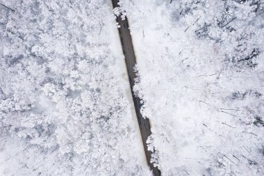 Hoarfrost ve kar güzel manzara yol ağaçları ile kaplı kış hava görünümünü. Kış manzarası yukarıdan. Drone ile yakalanan Peyzaj fotoğraf.