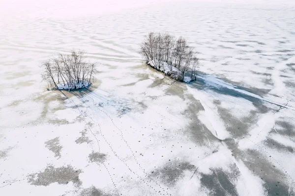 Vista Aérea Floresta Coberta Neve Inverno Lago Congelado Cima Capturado — Fotografia de Stock