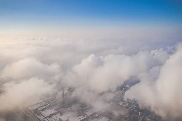 Aerial View Modern Combined Heat Power Plant Fuming Chimney Heavy — Stock Photo, Image