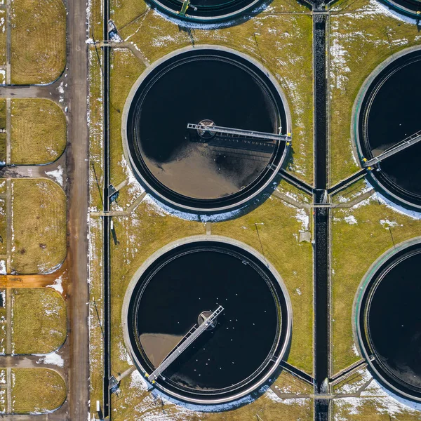 Szennyvíz Farm Statikus Légifotó Nézett Pontosító Tartályok Ipari Hely Geometriai — Stock Fotó