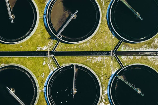 Szennyvíz Farm Statikus Légifotó Nézett Pontosító Tartályok Ipari Hely Geometriai — Stock Fotó