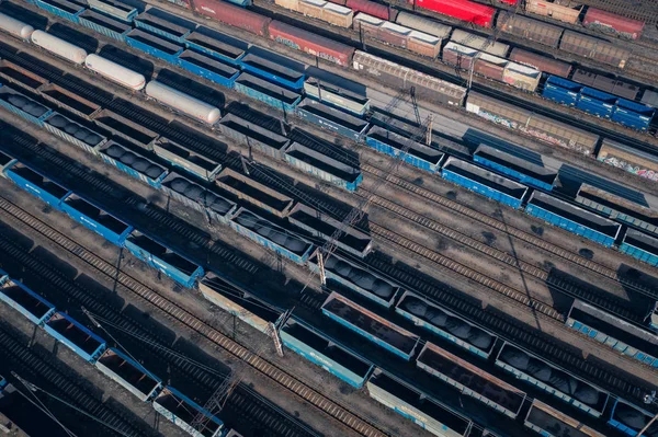 Aerial view of colorful freight trains on the railway station. Wagons with goods on railroad. Heavy industry. Industrial conceptual scene with trains. Top view. Photo captured with drone.