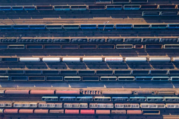 Luftaufnahme Von Bunten Güterzügen Auf Dem Bahnhof Güterwaggons Auf Der — Stockfoto