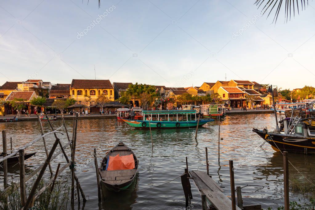 Traditional boats in Hoi An, Vietnam. Sunset time. Hoi An is the