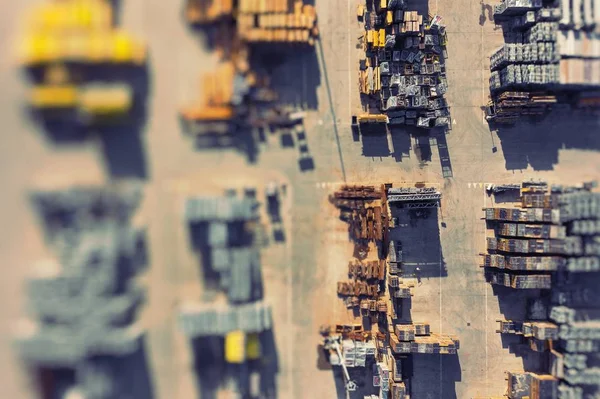 Aerial view of storage place. Construction materials in industri — Stock Photo, Image