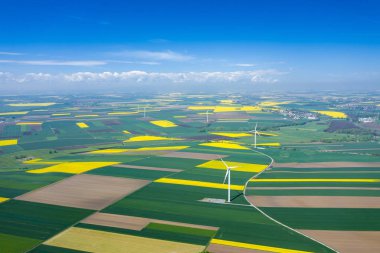 Rüzgar türbininin havadan görünümü. Kolza çiçeği. Yel değirmenleri ve ye