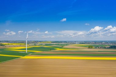 Rüzgar türbininin havadan görünümü. Kolza çiçeği. Yel değirmenleri ve ye