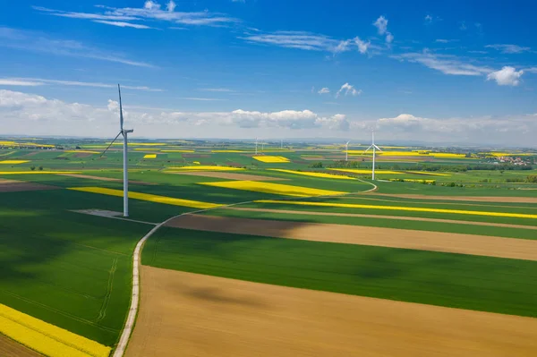 Luftaufnahme einer Windkraftanlage. Rapsblüte. Windmühlen und ihr — Stockfoto