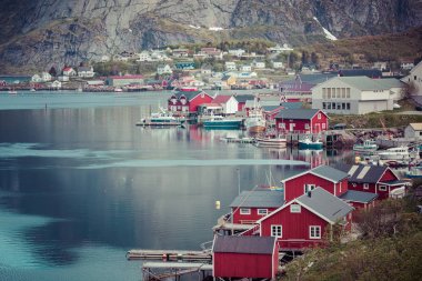 Lofoten adaları, Nordland üzerinde Reine balıkçı köyü. Norveç. 