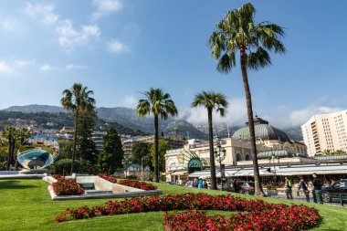 Monte Carlo, Monako - 04 Haziran 2019: Palmiye ağaçları ve berrak gökyüzü