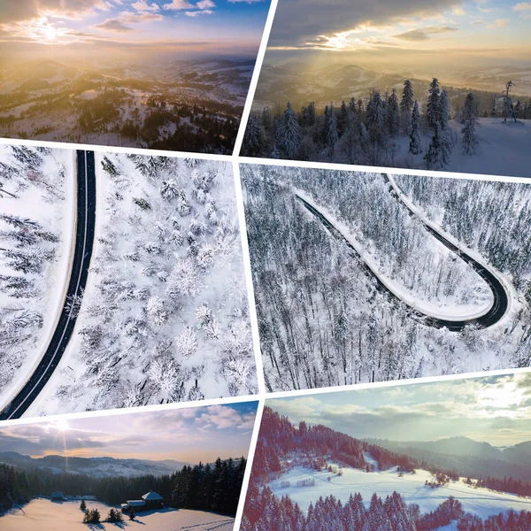 Colagem de fotos sobre o tema do inverno. Paisagem de cima — Fotografia de Stock