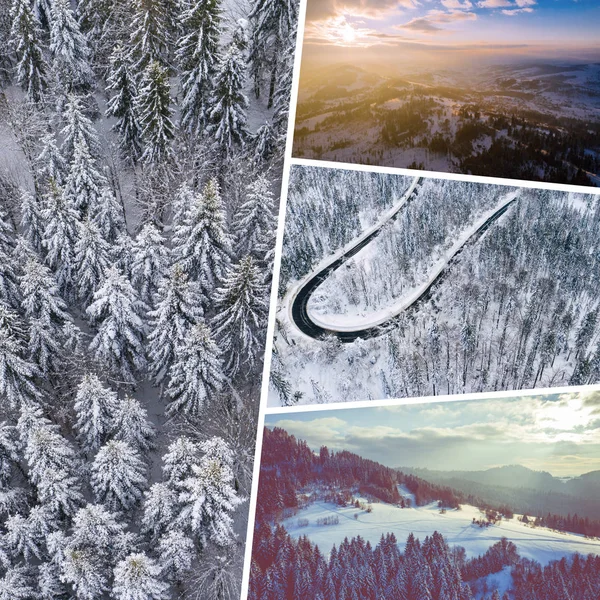Colagem de fotos sobre o tema do inverno. Paisagem de cima — Fotografia de Stock