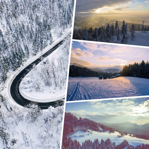 Colagem de fotos sobre o tema do inverno. Paisagem de cima — Fotografia de Stock