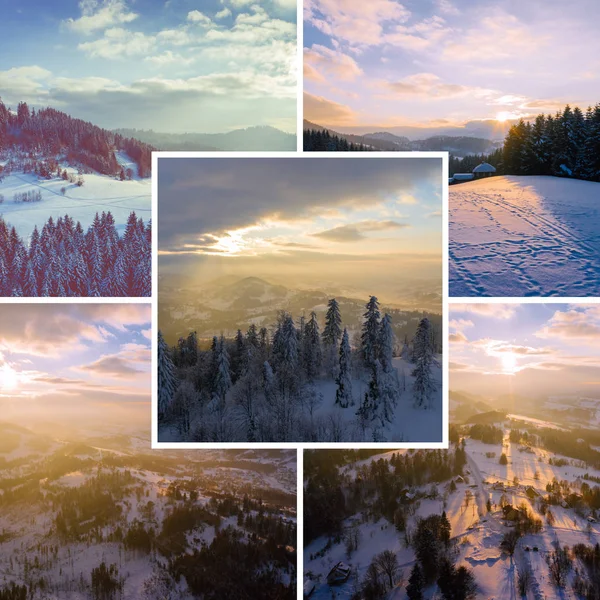Collage de imágenes sobre el tema del invierno. Paisaje desde arriba — Foto de Stock