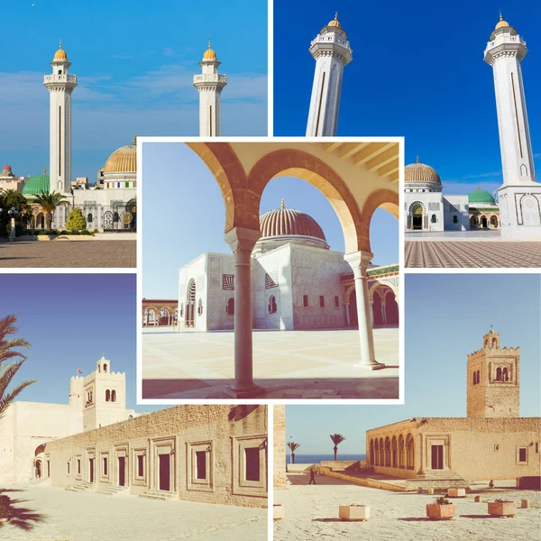 Collage de destinos turísticos populares en Túnez. Atrás de viaje — Foto de Stock