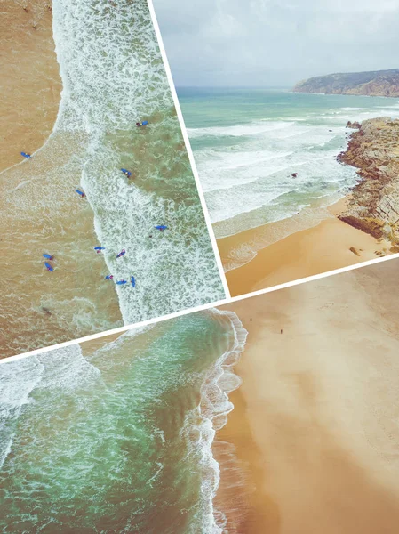 Коллаж воздушных пейзажей пляжа и синего океана. Португалия. Траве — стоковое фото