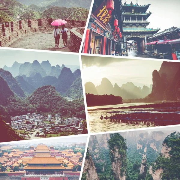Collage van populaire toeristische bestemmingen in China. Reizen blauw — Stockfoto