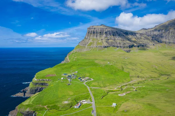 Aerial view of Mulafossur waterfall in Gasadalur village in Faro — Stock Photo, Image