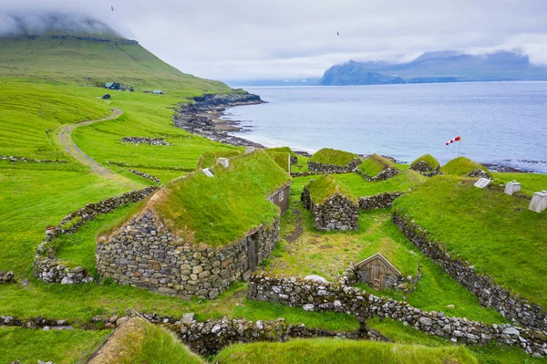 Aerial view of fishing village in Koltur island. Faroe Islands. — Stock Photo, Image