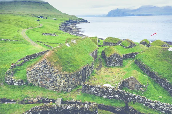 Aerial view of fishing village in Koltur island. Faroe Islands. — Stock Photo, Image