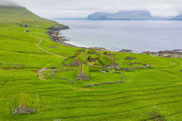 Aerial view of fishing village in Koltur island. Faroe Islands. — Stock Photo, Image