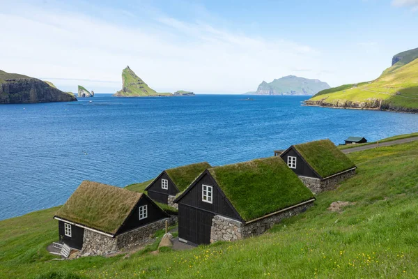 Wioska. Typowe domy trawy-dach i zielone góry. Vag — Zdjęcie stockowe