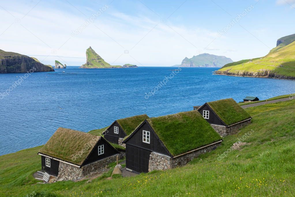 Bour village. Typical grass-roof houses and green mountains. Vag