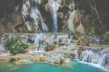 Kuang Si şelalesinin turkuaz suyu, Luang Prabang, Laos. Trop